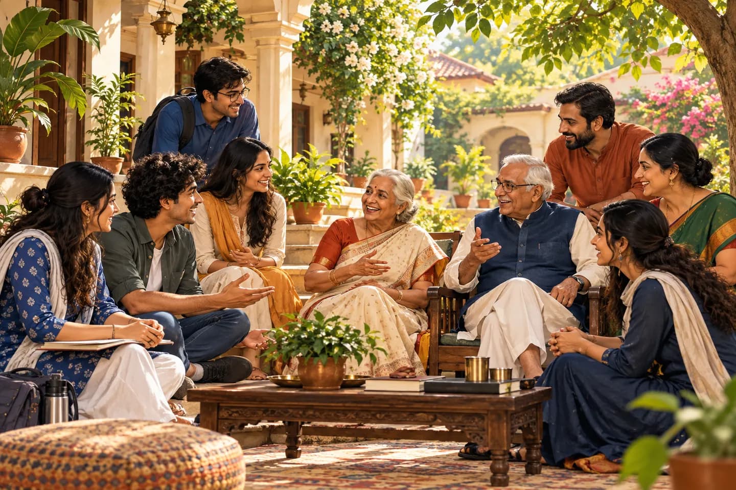 Illustration of generations sharing a joyful conversation in a sunny courtyard
