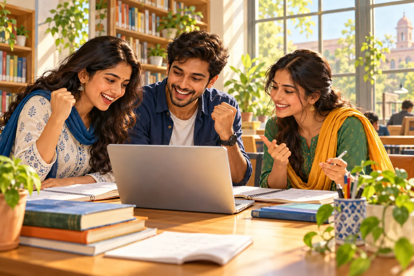 Illustration of three smiling students learning together around a laptop